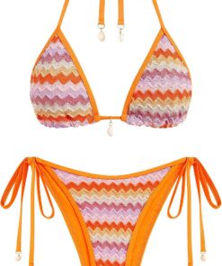 ZAFUL Damen Halter Trangle Bikini Set Cute Woven Texture Sexy Tie-Side Brazilian Style Zweiteiler Badeanzug Bademode (2-Orange,M)