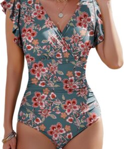 Yuson Girl Damen Badeanzug Rüschen V Ausschnitt Bauchweg Einteilige Push Up Schwimmanzug Monokinis Bademode Shape Badeanzug mit Bügel High Waist Swimsuits for Women