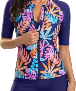 Holipick 2-teiliger Rashguard-Badeanzug für Damen, kurzärmelig, Schwimmshirt mit Shorts, durchgehender Reißverschluss, LSF, bescheidene Bademode