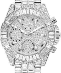 Guess Iconic 40TH Damen Armbanduhr mi Zirkonia in der Farbe Silber mit Armband aus Edelstahl, Wasserdichtigkeit: 5 bar, Gehäusedurchmesser: 40 mm, GW0812L1