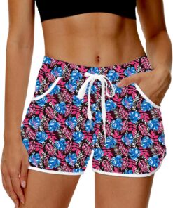 Damen Badehose Sommer Badeshorts High Waist Boardshorts mit Bund und Taschen