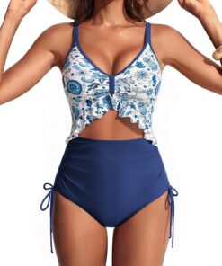 Hanna Nikole Sexy Damen-Einteiler mit Rüschensaum, herausnehmbaren BH-Einlagen, Bauchkontrolle und -formung, verstellbaren Schulterträgern, Cut-Outs, Bauchfalten und verstellbaren Seitenbändern