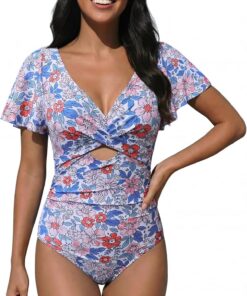 OUSIMEN Badeanzug Einteiler V Ausschnit Monokinis | Damen Badeanzug: V-Ausschnitt mit Kreuzfront, Rüschenärmel Front-Cut-Out, Bademode Swimsuit.