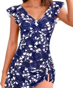 SHEKINI Damen Rüschen V-Ausschnitt Badeanzug Crisscross Bauchkontrolle Swim Kleider Krawatte Knoten Einteiliger Badeanzug Rock