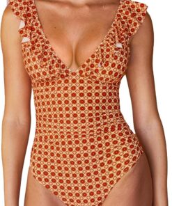 CUPSHE Badeanzug Damen V Ausschnitt Rüschen Monokini Bauchweg | Volants,Bauchweg Raffung,Bequeme Passform,Mittlere,Für Strand und Pool