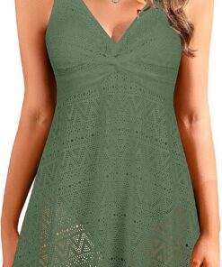 SHEKINI Einteilige Badeanzug Damen Bauchweg Elegant Badeanzugkleid Fließender Schwimmkleid mit Spitze V-Ausschnitt Badekleid Bademode Badeanzug mit Rock Swimsuits