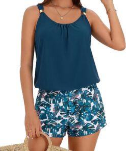 Hanna Nikole Romper Badeanzug Damen Sport,Push up Einteiliger Badeanzug mit Shorts,Boyleg-Shorts mit Taschen,2026 Bescheidene Modest Bademode mokini