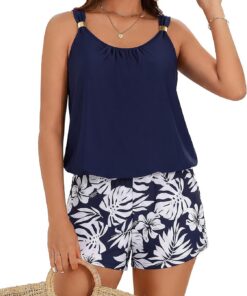 Hanna Nikole Romper Badeanzug Damen Sport,Push up Einteiliger Badeanzug mit Shorts,Boyleg-Shorts mit Taschen,2026 Bescheidene Modest Bademode mokini