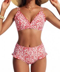 Hanna Nikole Bikini-Set für Damen, niedliche Rüschen, sexy V-Ausschnitt, Push-up-Effekt, hochgeschnittenes Höschen, doppelte Schulterträger