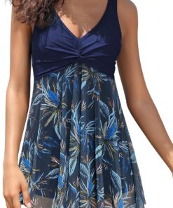 SHEKINI Damen Mesh Einteilige Badeanzug Badekleid Ruched Bauchweg V-Ausschnitt mit Brustpolstern Schwimmkleid Große Größe Baderock Badeanzugkleid