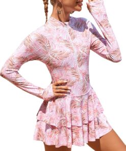 Damen Badekleid Langarm Einteilige Badeanzug Swim Rock Schnell Trocknende Rash Guard Schwimmkleid Sonnenschutz für Wassersport S-XXL