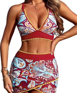 ZAFUL Damen-Bikini-Set mit Bade-Rock High Waist Tankini mit Bauchweg, Push-up Boho Zweiteiliger Badeanzug Bademode mit Rock