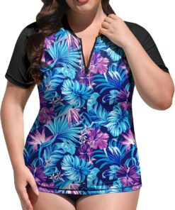 BesserBay UV Shirt Damen Übergröße 1/4 Zip Schwimmshirt Kurzarm UPF 50+ Rashguard Women Sonnenschutz Trocknender Badeshirt ohne Bra Surfershirt 1X-4X