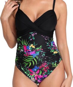 Halcurt Badeanzug Damen Bauchweg mit Cups Raffung Badeanzüge S-XXL | V Ausschnitt, Vertellbare Träger, Drehung Push up, Hohe Elastizität, Atmungsaktiv, Schnell Trocknend