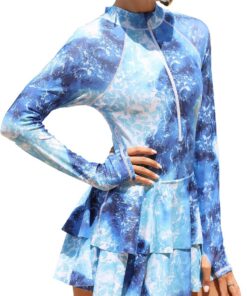 Damen Badekleid Langarm Einteilige Badeanzug Swim Rock Schnell Trocknende Rash Guard Schwimmkleid Sonnenschutz für Wassersport S-XXL