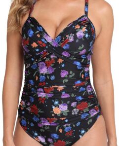 Halcurt Badeanzug Damen Bauchweg mit Cups Raffung Badeanzüge S-XXL | V Ausschnitt, Vertellbare Träger, Drehung Push up, Hohe Elastizität, Atmungsaktiv, Schnell Trocknend