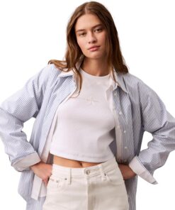 Calvin Klein Damen T-Shirt Kurzarm Monologo Baby Rib Slim Fit