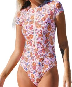 CUPSHE Badeanzug Damen High Neck Kurzarm Reißverschluss Vorne Sportlich | Hoher Ausschnitt,Bequeme Passform, Für Strand und Pool,Bademode Swimsuit