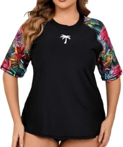 Halcurt UV Shirt Damen mit BH Übergröße Kurzarm UPF 50+ Rash Guard 1X-4X | Sonnenschutz Schwimmshirt, Atmungsaktiv, Schnell Trocknend, Nur Schwimmoberteil, Raglan Ärmel, Lockere Passform