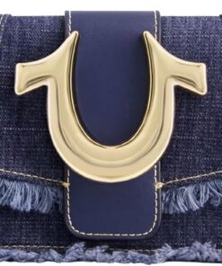 True Religion Damen Women's Shoulder Bag Purse, Frayed Denim Mini Flap Crossbody Handbag with Horseshoe Logo Umhängetasche