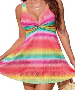 SHEKINI Damen Einteilige Badeanzug Badekleid Spitze Bauchweg V-Ausschnitt mit Briefs Schwimmkleid Große Größe Baderock Modest Badeanzugkleid