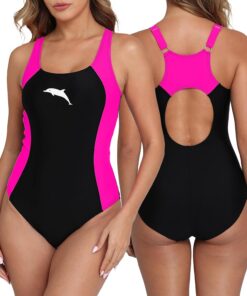 Halcurt Badeanzug Damen Sport mit Cups Einteiliger Badeanzüge S-XXL | U Ausschnitt, Racer Rückendesign, Hohe Elastizität, Atmungsaktiv, Schnell Trocknend, Vollständige Abdeckunge