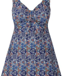 Ecupper Damen Shape Badekleid bauchweg große größe | Elastisch schnelltrocknend, Bauchweg mit Shaping Effekt, V-Ausschnitt, integrierte Shorts, abnehmbare Polster, Marokko Druck