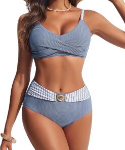Hanna Nikole Damen Bikini Sets, Badeanzug Damen Bauchweg,Textured High Waist Bikinis Sets,Push up Bikini Oberteil mit Retro Bikinihose,2 Teiliger Badeanzug mit Twist Farbblock Design