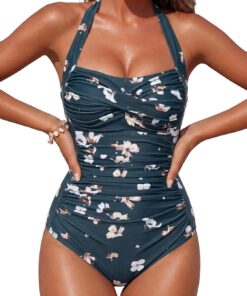 Smismivo Badeanzug Damen Bauchweg Push Up Schwimmanzug mit Retro Schlankheits Raffung Vintage Einteilige bademode Swimsuits for Women