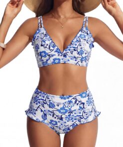Hanna Nikole Bikini-Set für Damen, niedliche Rüschen, sexy V-Ausschnitt, Push-up-Effekt, hochgeschnittenes Höschen, doppelte Schulterträger