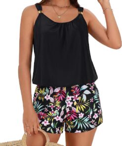Hanna Nikole Romper Badeanzug Damen Sport,Push up Einteiliger Badeanzug mit Shorts,Boyleg-Shorts mit Taschen,2026 Bescheidene Modest Bademode mokini