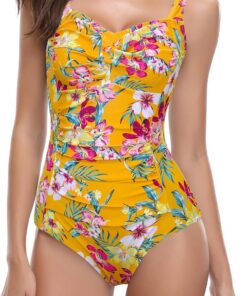 SHEKINI Damen Einteilige Badeanzug Retro Schlankheits Ruched Bauchweg Bademode Halter Große Größe Modest Badeanzüge für Damen