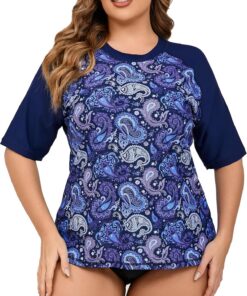 Halcurt UV Shirt Damen mit BH Übergröße Kurzarm UPF 50+ Rash Guard 1X-4X | Sonnenschutz Schwimmshirt, Atmungsaktiv, Schnell Trocknend, Nur Schwimmoberteil, Raglan Ärmel, Lockere Passform