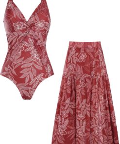 GRACE KARIN Damen Monokini, V-Ausschnitt mit Blumenprint, 2-teiliges Badeanzug-Set mit Schwimmrock und Tummy Control