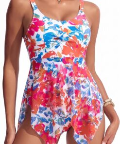 YesFashion Damen Badeanzug Einteilig Bauchweg, mit Tüll-Overlay Blumenmuster, Neckholder U-Ausschnitt Bademode mit Wickeleffekt