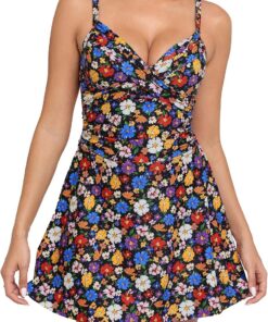 Halcurt Badekleid Damen mit Cups Raffung Bauchweg Badeanzug S-XXL | Vertellbare Träger, Eingebaute badehose, Schnell Trocknend, Atmungsaktiv, Geraffte Seite Einteiliger Schwimmkleid