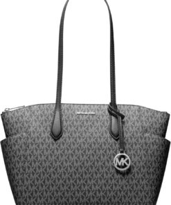 Michael Kors Marilyn Damen Tragetasche mit Reißverschluss oben, mittelgroß, mit Reißverschluss oben, Silberfarbene Hardware/Mk Signature/Schwarz, Medium
