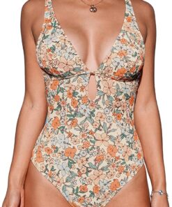 CUPSHE Badeanzug Damen Tiefer V Ausschnitt Strukturmuster | Schlüsselloch Detail, Zierausschnitte,Blumenmuster, Figurformend, Für Strand und Pool,Bademode Swimsuit