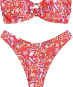 ZAFUL Damen Bikini Set mit O-Ring und Raffung hinten, hoher Schnitt, Bandeau Bikini Set, solide gepolstert, trägerlos, Zweiteiliger Badeanzug