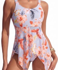YesFashion Damen Badeanzug Einteilig Bauchweg, mit Tüll-Overlay Blumenmuster, Neckholder U-Ausschnitt Bademode mit Wickeleffekt