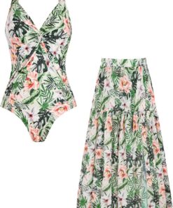 GRACE KARIN Damen Monokini, V-Ausschnitt mit Blumenprint, 2-teiliges Badeanzug-Set mit Schwimmrock und Tummy Control