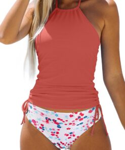Beachsissi Damen Zweiteiler Badeanzüge Gepolsterter Kordelzug Seitliche Bademode Neckholder Leopard Print Tankini Sets