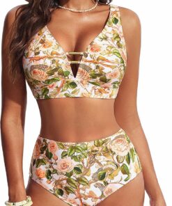 Hanna Nikole Damen Bikini Hohe Taille Cut Out Badeanzug Bauchweg Bademode Push Up Zweiteiliger Bikini Set V-Ausschnitt Badebekleidung