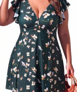 Smismivo Badeanzug Damen Große Größe Badekleid Bauchweg Schwimmanzug Bauchkontrolle Einteiliges Abnehmen Swimdress Rüschen Ärmel Bademode