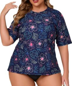Halcurt UV Shirt Damen mit BH Übergröße Kurzarm UPF 50+ Rash Guard 1X-4X | Sonnenschutz Schwimmshirt, Atmungsaktiv, Schnell Trocknend, Nur Schwimmoberteil, Raglan Ärmel, Lockere Passform