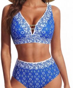 Hanna Nikole Damen Bikini Hohe Taille Cut Out Badeanzug Bauchweg Bademode Push Up Zweiteiliger Bikini Set V-Ausschnitt Badebekleidung