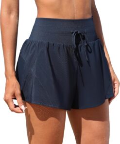 Attraco Badeshorts Damen UPF50+ Badehose Schnelltrocknend UV Bikini Shorts | Kurzarm Boardshorts High Waisted UPF50+ mit Tasche Yoga Leggings für Yoga Laufen Sommer Pools Schwimmen Surfen Strand